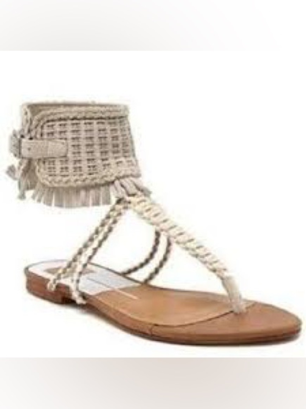 Dolce Vita Reagan Beige Braided Fringe Ankle-Strap Sandals